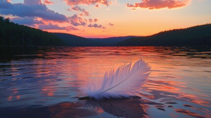 Poster - Serene Sunset Reflections with White Feather on Water