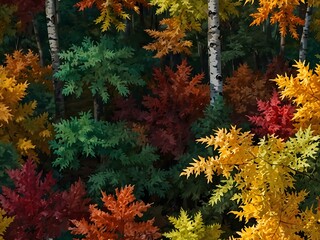 Wall Mural - Vibrant autumn forest with colorful leaves under tree canopy.