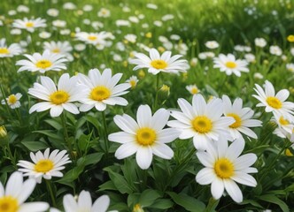 Wall Mural - White flowers with bright yellow centers in a lush green field, landscape, garden