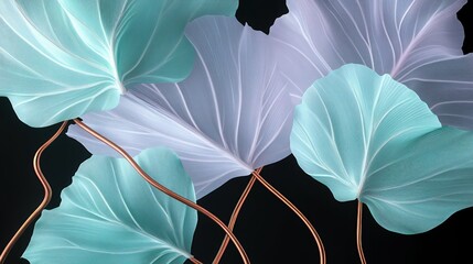 Wall Mural - abstract, oversized leaves in pale turquoise and soft lilac, finely pleated against a jet black back