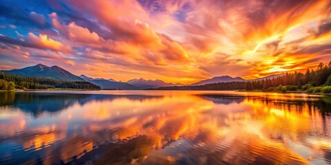Wall Mural - stunning sunset over mountain lake with pink and gold sky , sunset, mountain, lake, pink sky, gold s