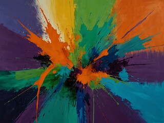 Wall Mural - Vibrant abstract painting with orange, green, blue, and purple.