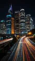 Wall Mural - Vibrant cityscape at night with light trails.