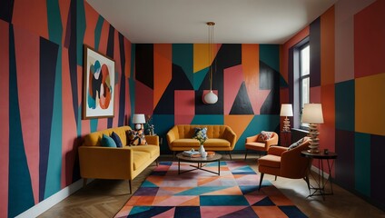 Vibrant geometric interior with bold patterns.