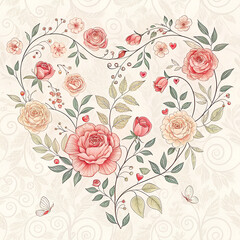  Floral heart pattern with roses and leaves on vintage background