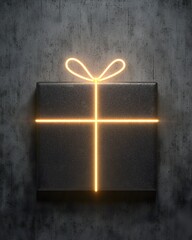 Wall Mural - Neon gift box glowing against a textured wall