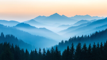Naklejka na meble Landscape background Breathtaking mountain valley with layered peaks and dense forest, showcasing serene atmosphere at dawn. mist adds mystical touch to landscape