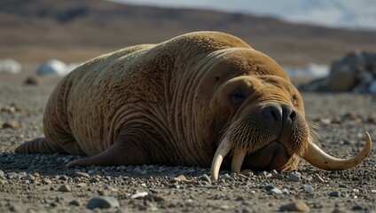 Canvas Print - Walrus sleeping with tusks in the sand, filmed in Svalbard, Norway.