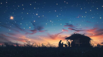 Wall Mural - Silhouette nativity scene at night