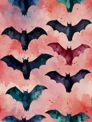 Wall Mural - Watercolor bats on a pink and blue background.