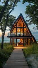 modern a-frame cabin inspiring wanderlust on sandy beach