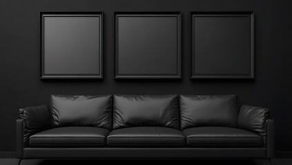 Poster - A modern black sofa against a dark wall, featuring three empty black frames, creating a sleek and minimalist aesthetic.