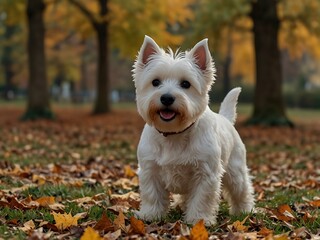 Wall Mural - West Highland Terrier in an autumn park.