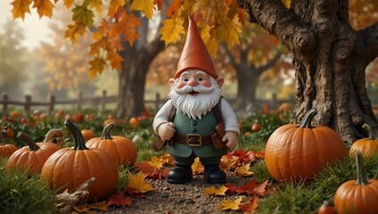 Wall Mural - Whimsical autumn scene featuring a gnome with corgi among colorful leaves and pumpkins.