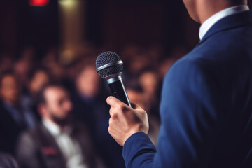 man with microphone at public speaking Generative AI