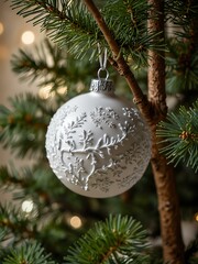 Wall Mural - White Christmas ornament on tree branch.