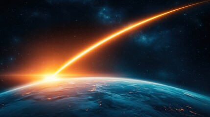 Wall Mural - Cosmic Sunrise Over Earth with Bright Orange Trail