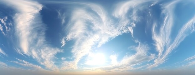 Aufkleber - A breathtaking sky filled with wispy clouds, featuring a radiant sun illuminating the scene, creating a serene and tranquil atmosphere.