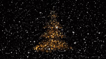 Wall Mural - golden bokeh christmas tree plus snow. christmas tree shape appears then disappears in a frame fille