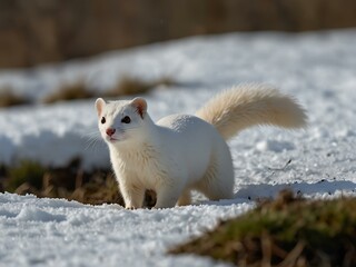 Wall Mural - White stoat alert on snow.