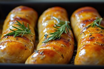 Poster - Close-up shot of four sausages sizzling in a pan