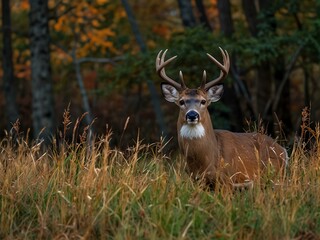 Wall Mural - White-tailed deer buck in tall grasses in New Jersey forest during autumn.