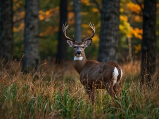 Wall Mural - White-tailed deer buck in tall grasses in New Jersey forest during autumn.