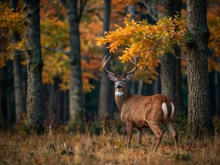 Wall Mural - Whitetailed Deer grazing in an autumn forest.