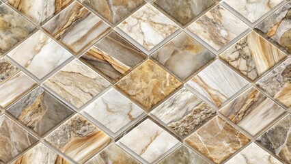 Wall Mural - A seamless pattern of diamond-shaped tiles featuring intricate natural stone textures in shades of brown, beige, and white, creating a visually appealing and elegant design.