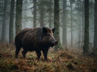 Wall Mural - Wild boar in a misty forest.