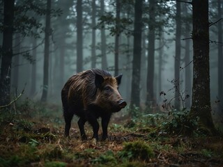 Wall Mural - Wild boar in a misty forest.