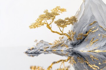 Wall Mural - A serene mountain scene featuring a majestic golden tree overlooking a body of water