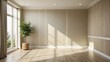 © Collection - Minimalist interior design with natural light streaming through large windows, showcasing an empty room with beige walls and a decorative wood paneling accent wall, a potted plant, and wooden floors.
