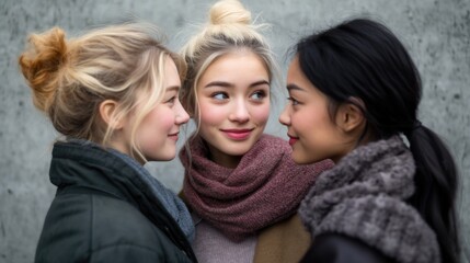 Wall Mural - Three friends stand together, smiling and laughing