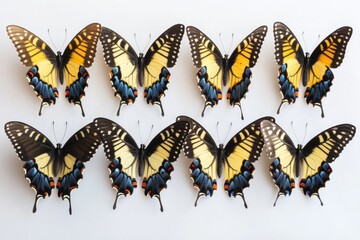 Fototapete - A cluster of colorful butterflies perched on a clean white surface, ready to take flight