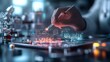 © siriporn - A futuristic lab featuring branded blockchain hardware and crafts like hand-painted data encryption diagrams,