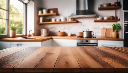 wooden table for product montage with bright blur interior of kitchen