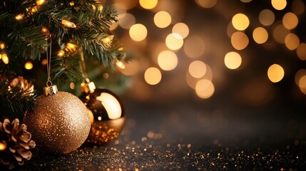 Wall Mural - Golden bokeh lights sparkle against a dark background, exuding elegance and a Christmas-inspired glow