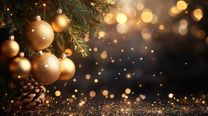 Wall Mural - Golden bokeh lights sparkle against a dark background, exuding elegance and a Christmas-inspired glow