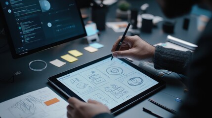 A close-up of a UX designer sketching wireframes on a tablet,