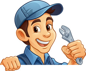 Wall Mural - Mechanic Plumber Cartoon Wrench Spanner Handyman