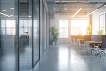 Aufkleber - A bright, modern office space featuring glass walls, plants, and contemporary furniture, creating an inviting work environment.