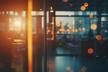 Aufkleber - A warm sunset casts a golden glow through a modern office space, creating a serene atmosphere with blurred reflections and ambient lights.