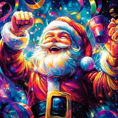 Canvas Print - Festive Santa Claus Celebrating Joyfully With Colorful Confetti and Party Decorations During a Holiday Celebration