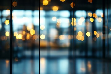 Poster - A blurred interior scene with illuminated bokeh lights creating a warm and inviting atmosphere through glass panels.