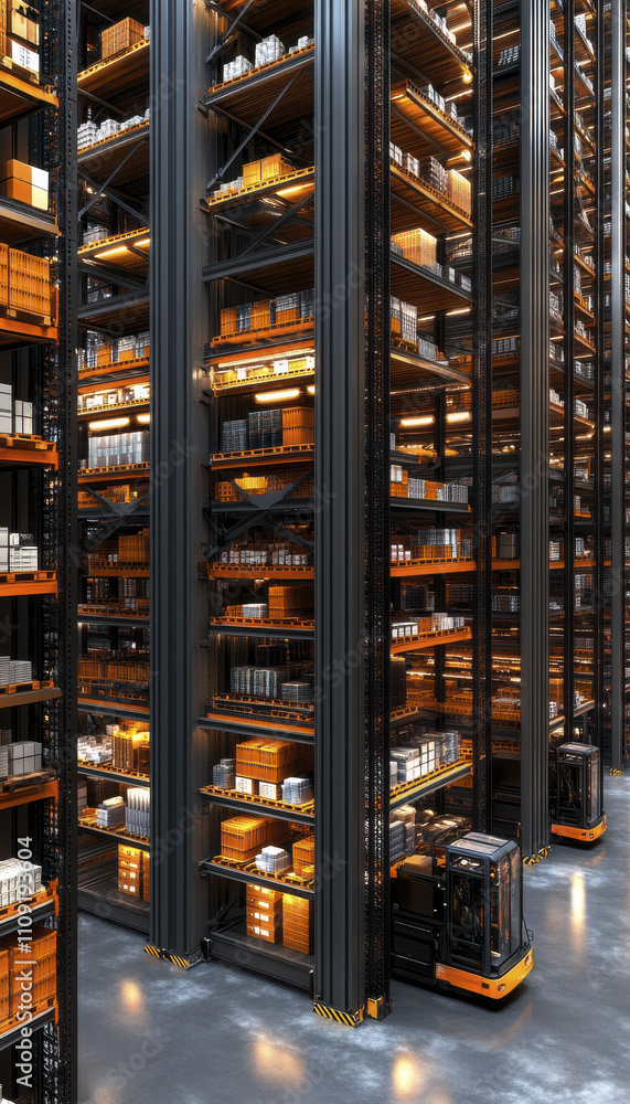 modern warehouse with towering shelves filled with products, showcasing ...