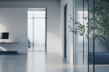 Poster - A modern office space featuring glass walls, a desk, and a touch of greenery, creating a bright and airy atmosphere.