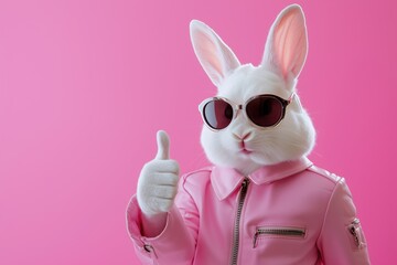 Wall Mural - stylish white rabbit wearing sunglasses and a pink jacket, giving a thumbs-up gesture, set against a