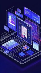 A digital workspace illustration showcasing various user interface elements and designs.