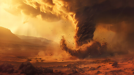 Wall Mural - A desert scene with a large cloud of dust and smoke rising from the ground